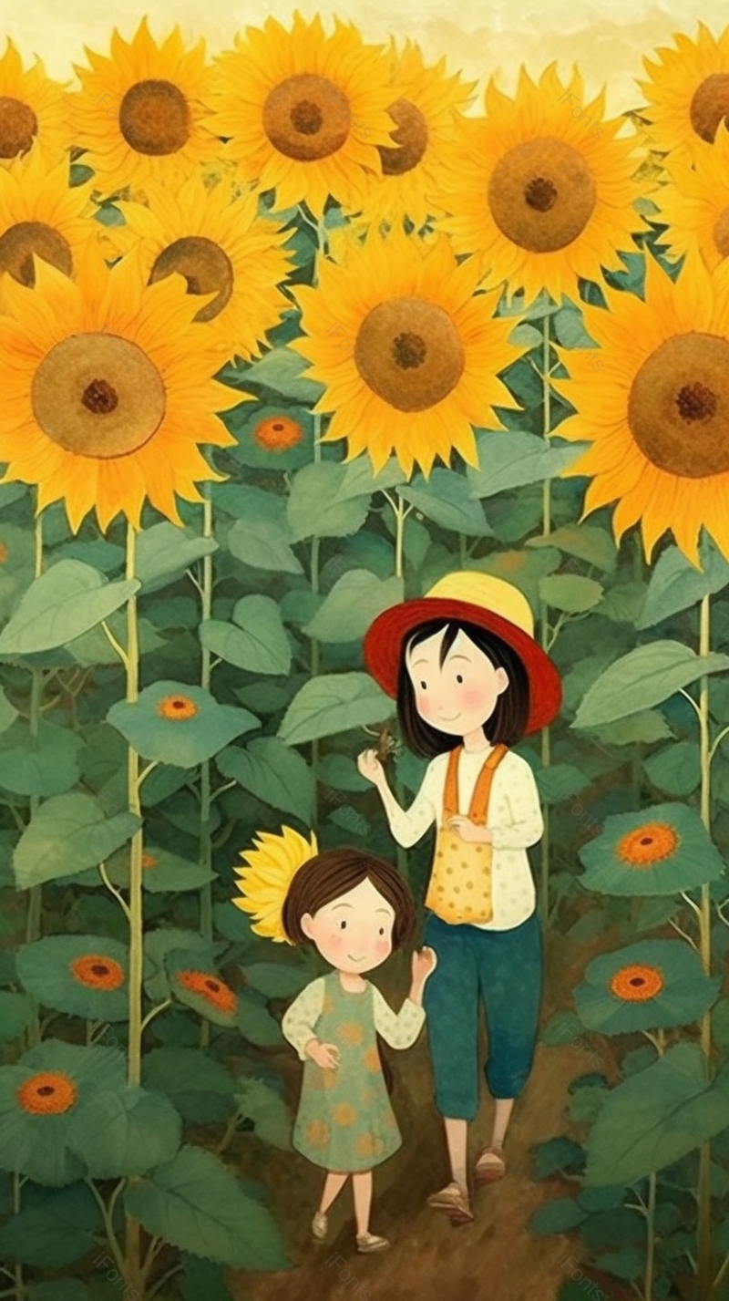 向日葵花田里玩耍的两位可爱的女孩插画,插画/手绘图,插画/手绘图库,插画/手绘图下载,插画/手绘